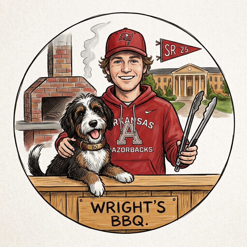 Illustration of Connor spending time with his dog beside a grill